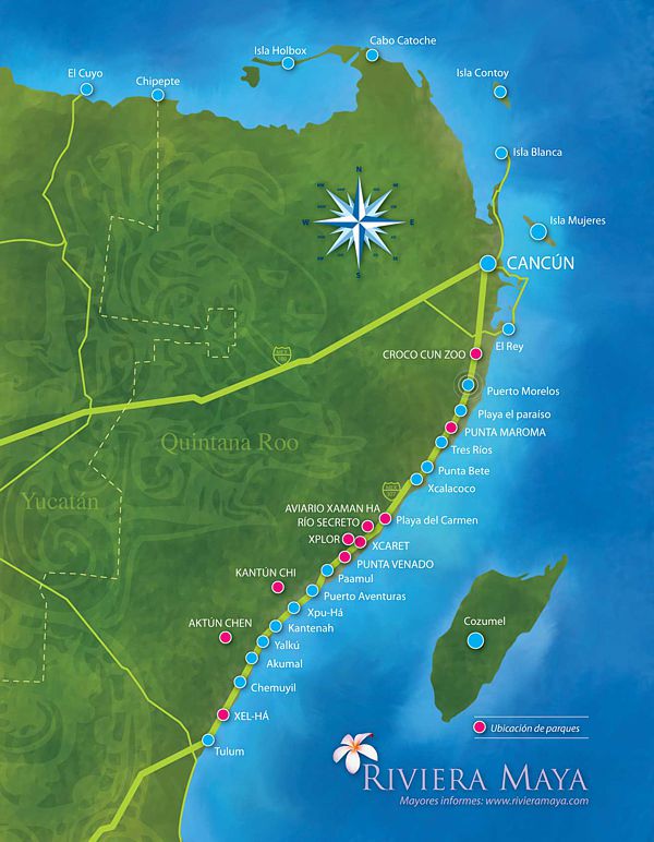 Mapa de los ecoparques en la Riviera Maya